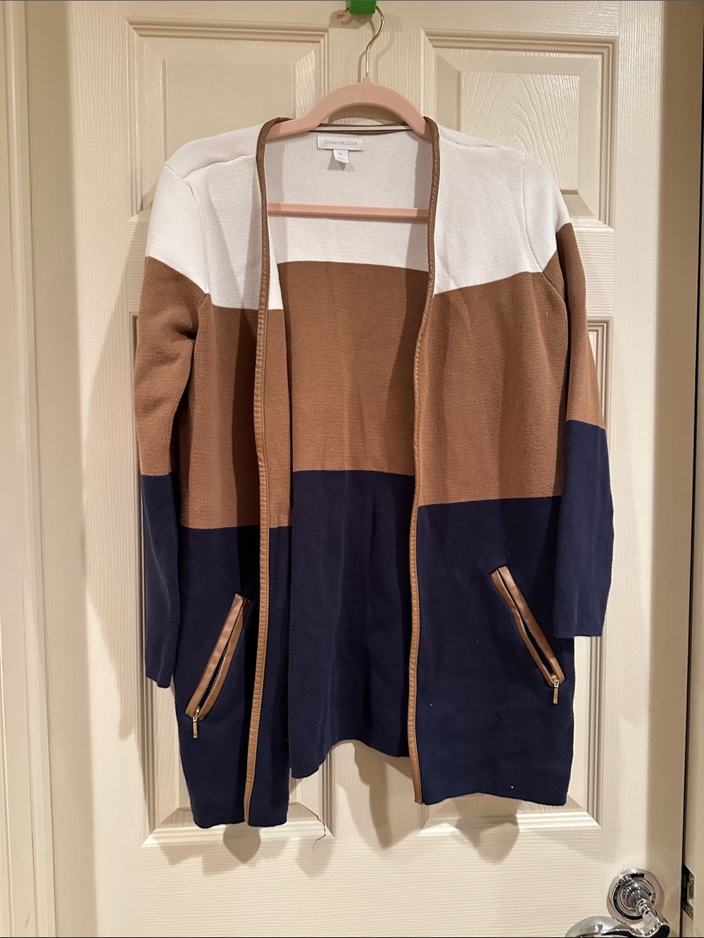Charter Club Colorblock Open-Front Cardigan in White, Brown & Navy